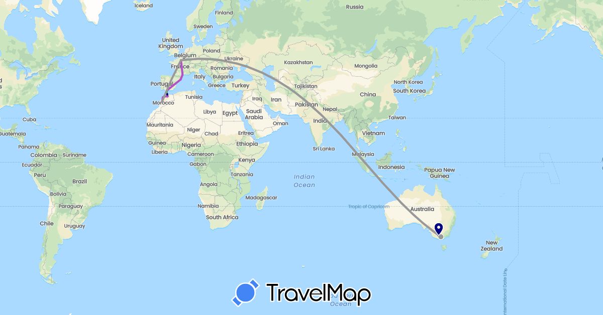 TravelMap itinerary: driving, bus, plane, train, boat in Australia, Spain, France, Morocco (Africa, Europe, Oceania)