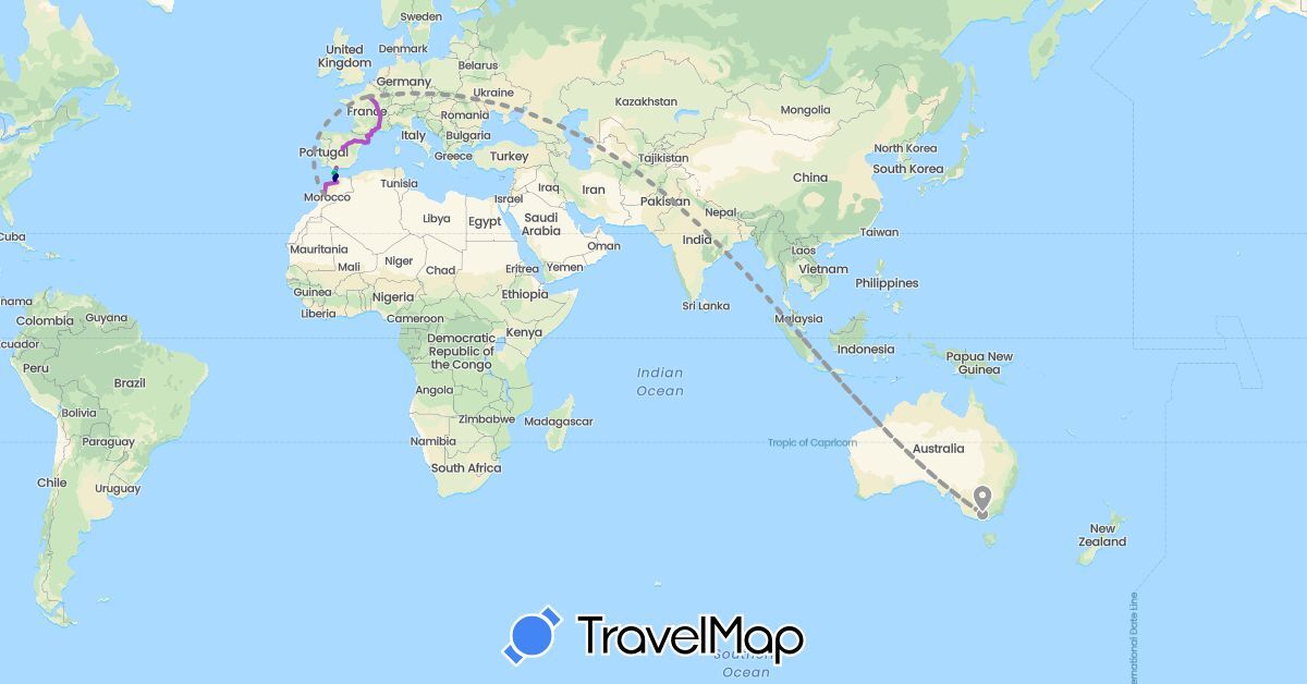 TravelMap itinerary: driving, bus, plane, train, hiking, boat in Australia, Spain, France, Morocco (Africa, Europe, Oceania)