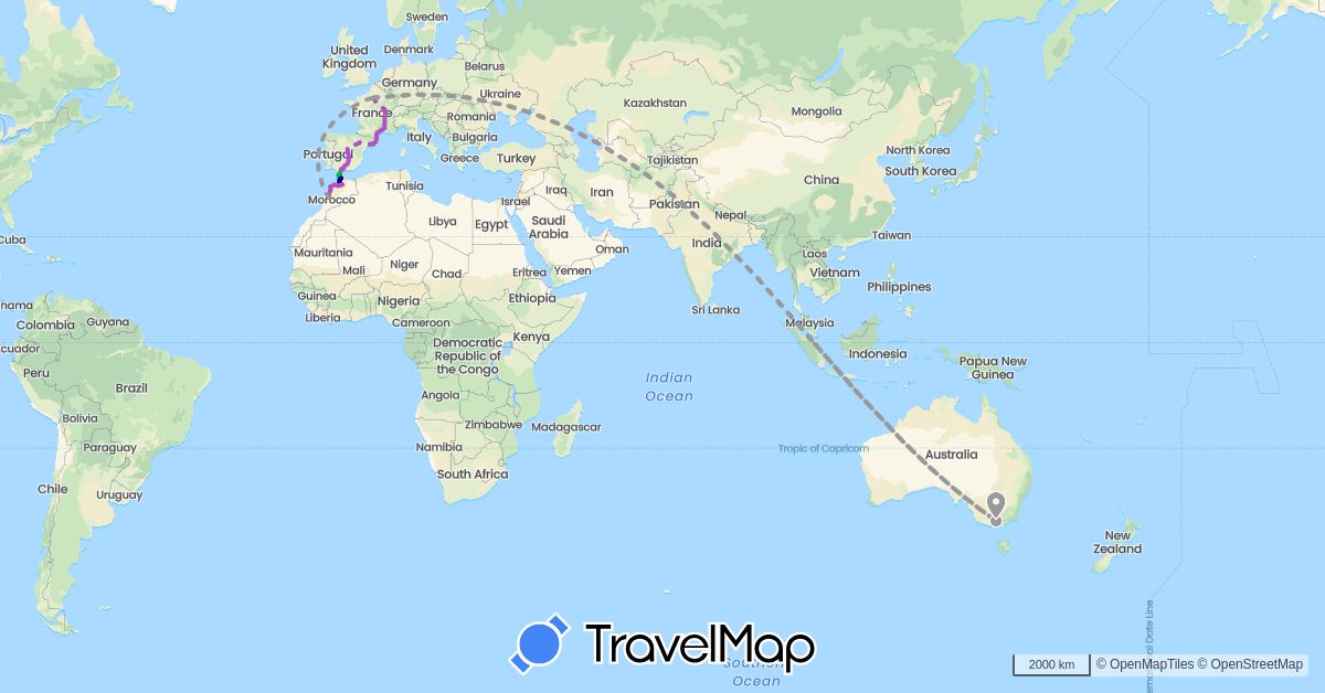 TravelMap itinerary: driving, bus, plane, train, hiking, boat in Australia, Spain, France, Morocco (Africa, Europe, Oceania)